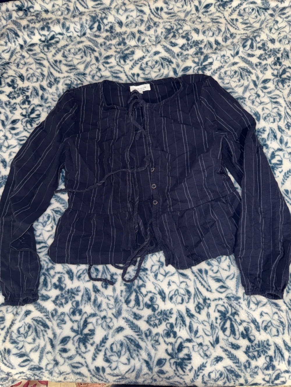 Women's Navy Blue Striped Button-Down Shirt - Casual Tie Front